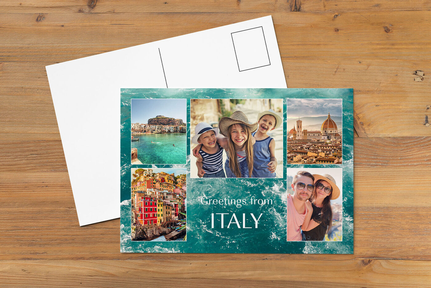 Postkort med bilder från Italien och texten "Hälsningar från Italien".